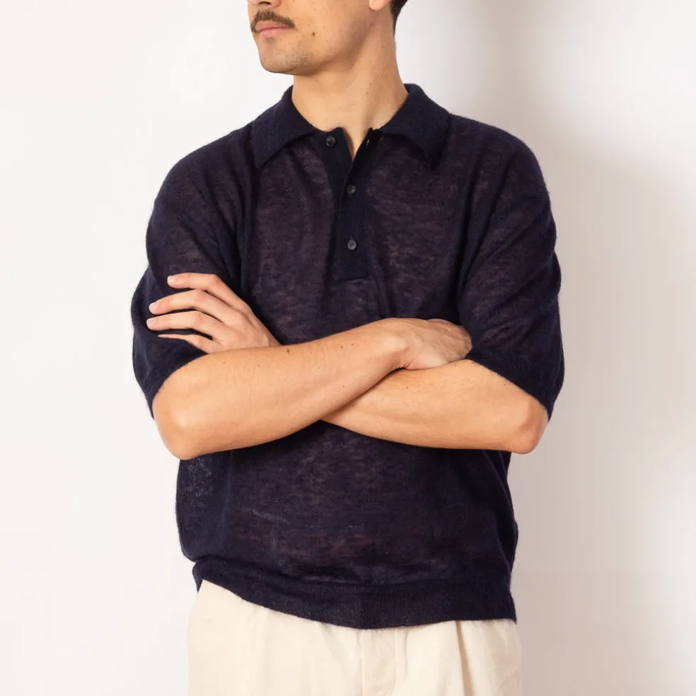 Kid Mohair Knit Polo - Navy