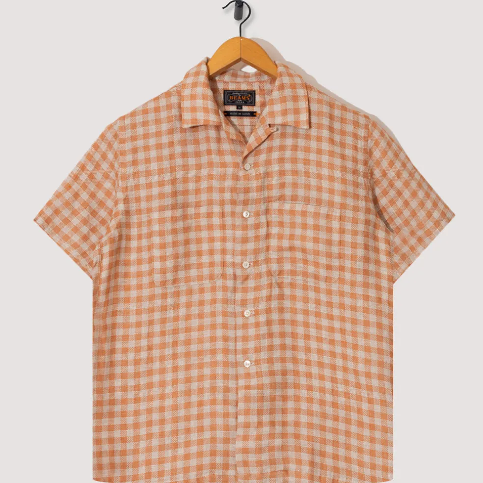 Open Collar Plaid Shirt - Orange