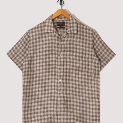 Open Collar Plaid Shirt - Brown