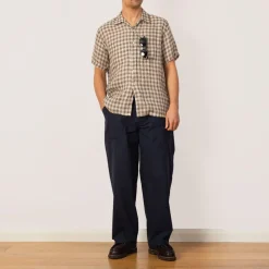 Open Collar Plaid Shirt - Brown