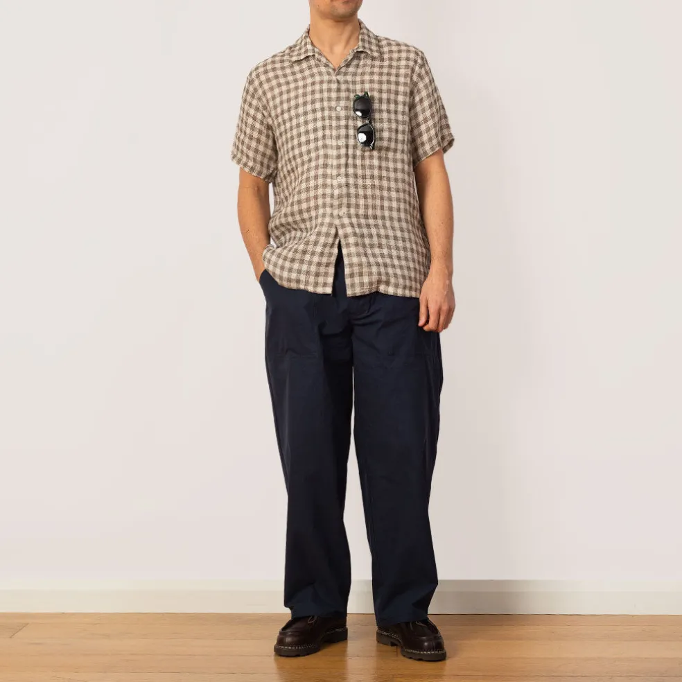 Open Collar Plaid Shirt - Brown