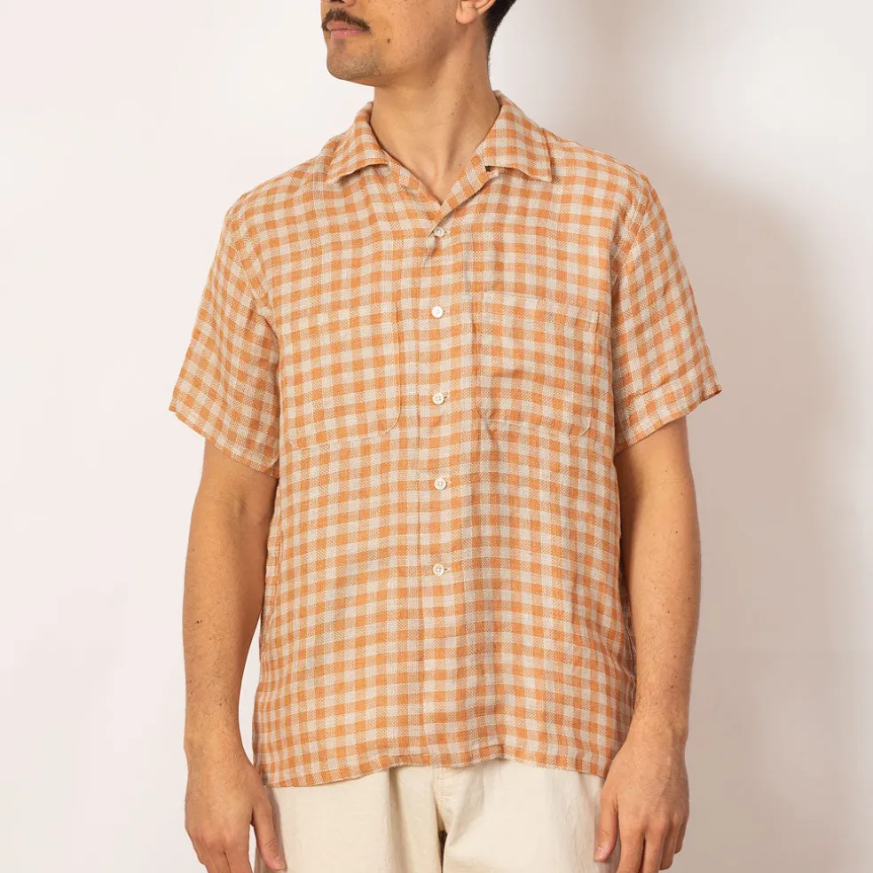 Open Collar Plaid Shirt - Orange