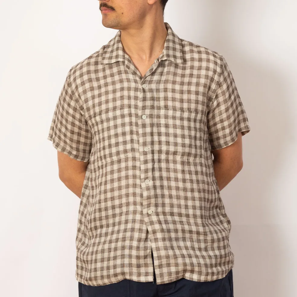Open Collar Plaid Shirt - Brown