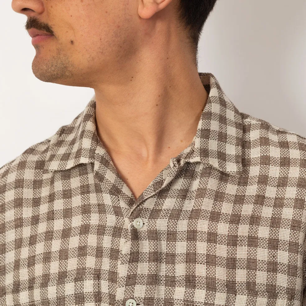 Open Collar Plaid Shirt - Brown