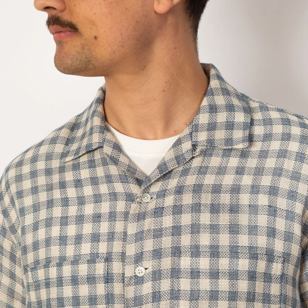 Open Collar Plaid Shirt - Blue