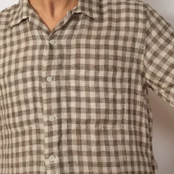 Open Collar Plaid Shirt - Brown