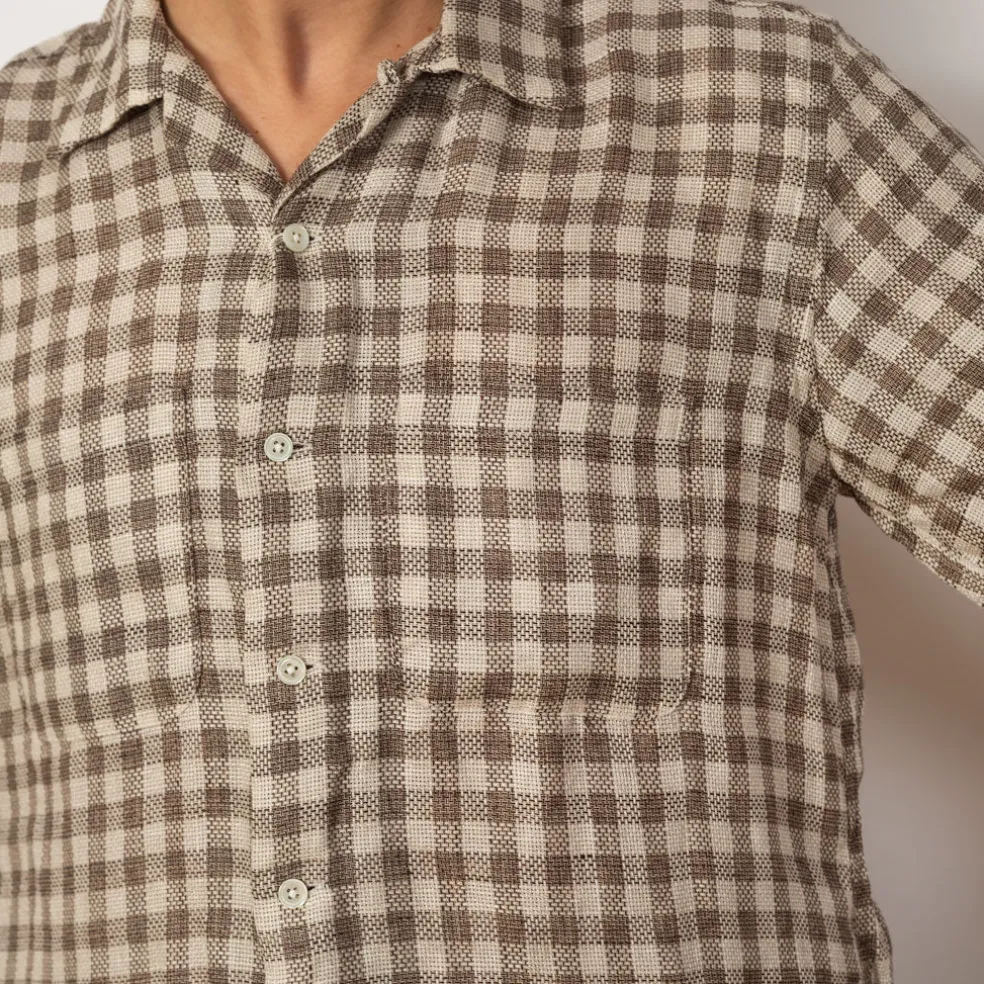 Open Collar Plaid Shirt - Brown