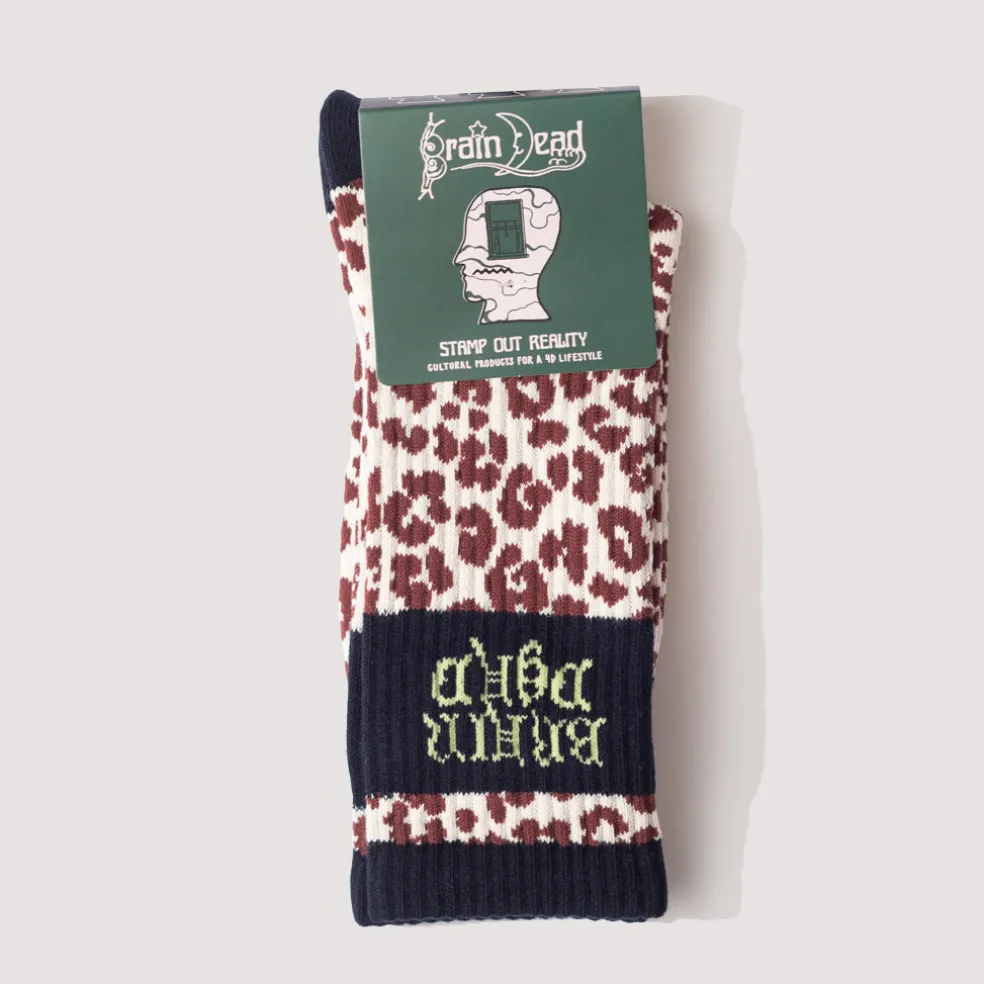 Panelled Logo Crew Socks - Maroon Leopard/Navy