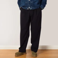 Single Pleated Wide Pants - Navy