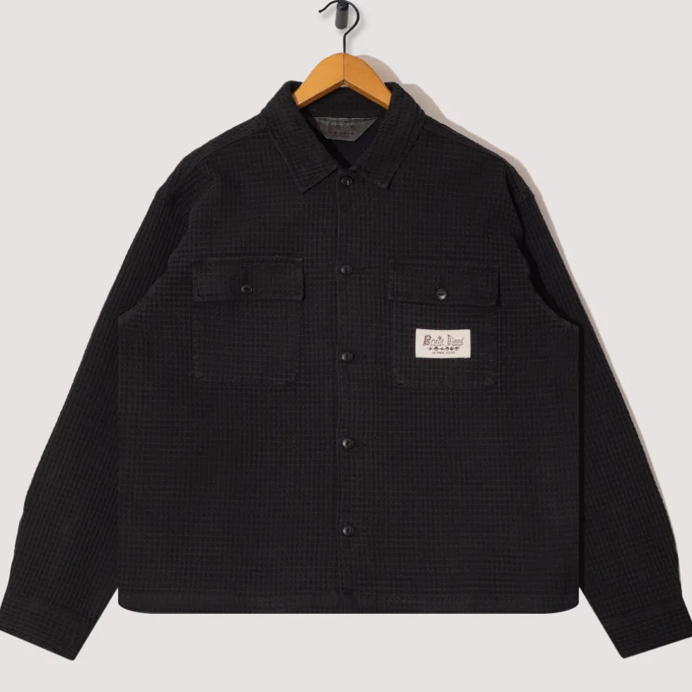 Waffle Button Front Shirt - Washed Black
